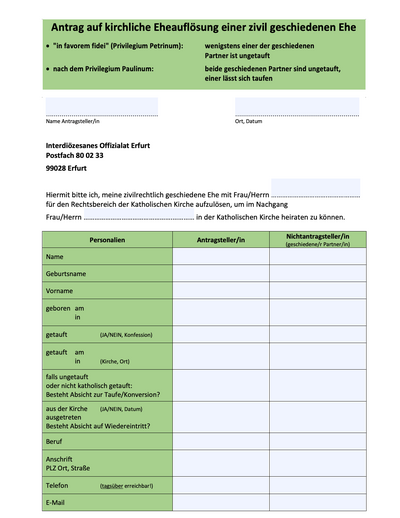 Antrag auf kirchliche Eheauflösung einer zivil geschiedenen Ehe